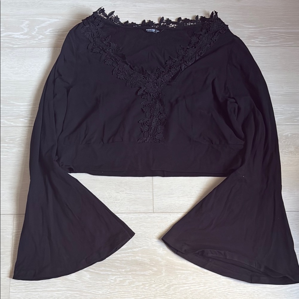 3/$10 Black Floral Crochet Detail Bell Sleeve Blouse - Picture 2 of 7